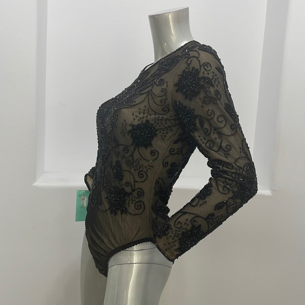 Bob Mackie Special Occasion Beaded Long Sleeve  Bodysuit Black Size S - Picture 3 of 14